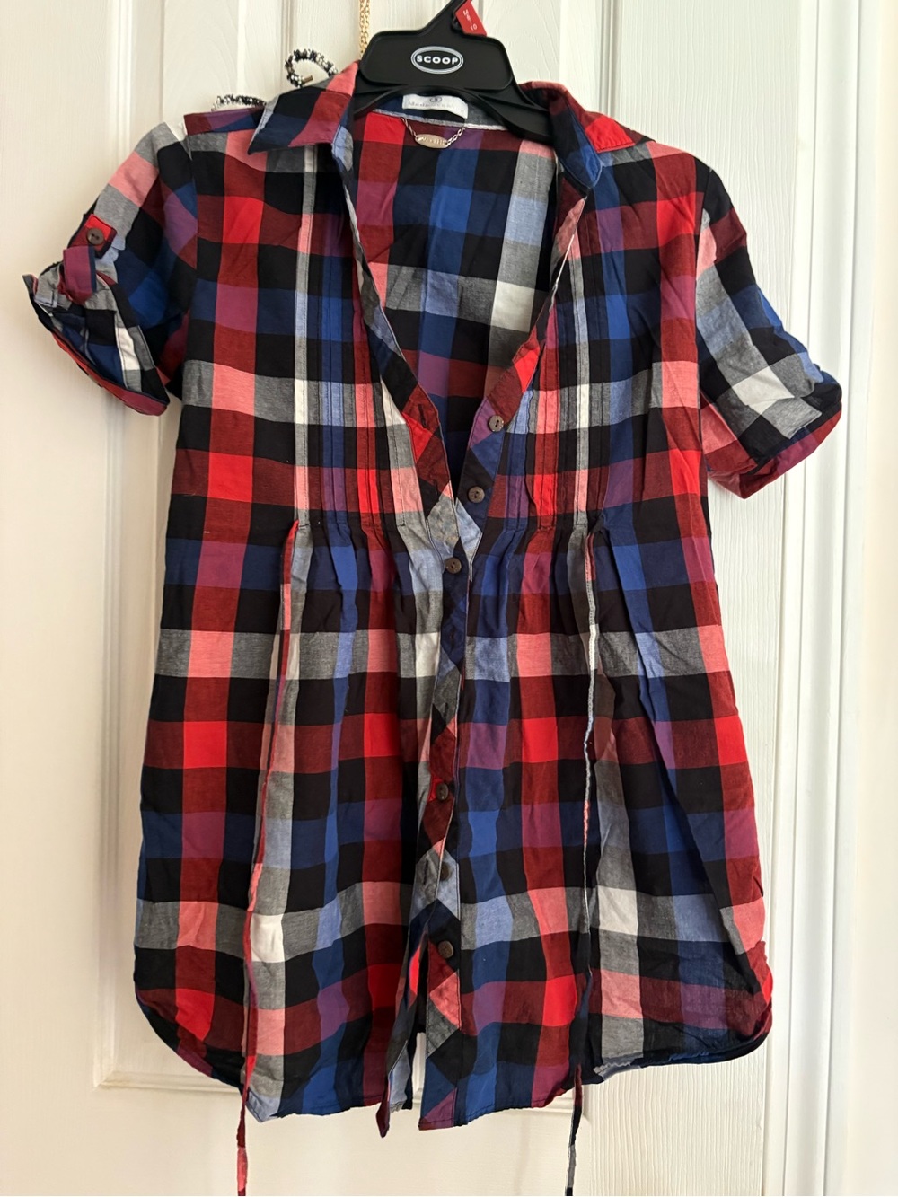 Red Blue Black Plaid Button-Front Tunic Shirt